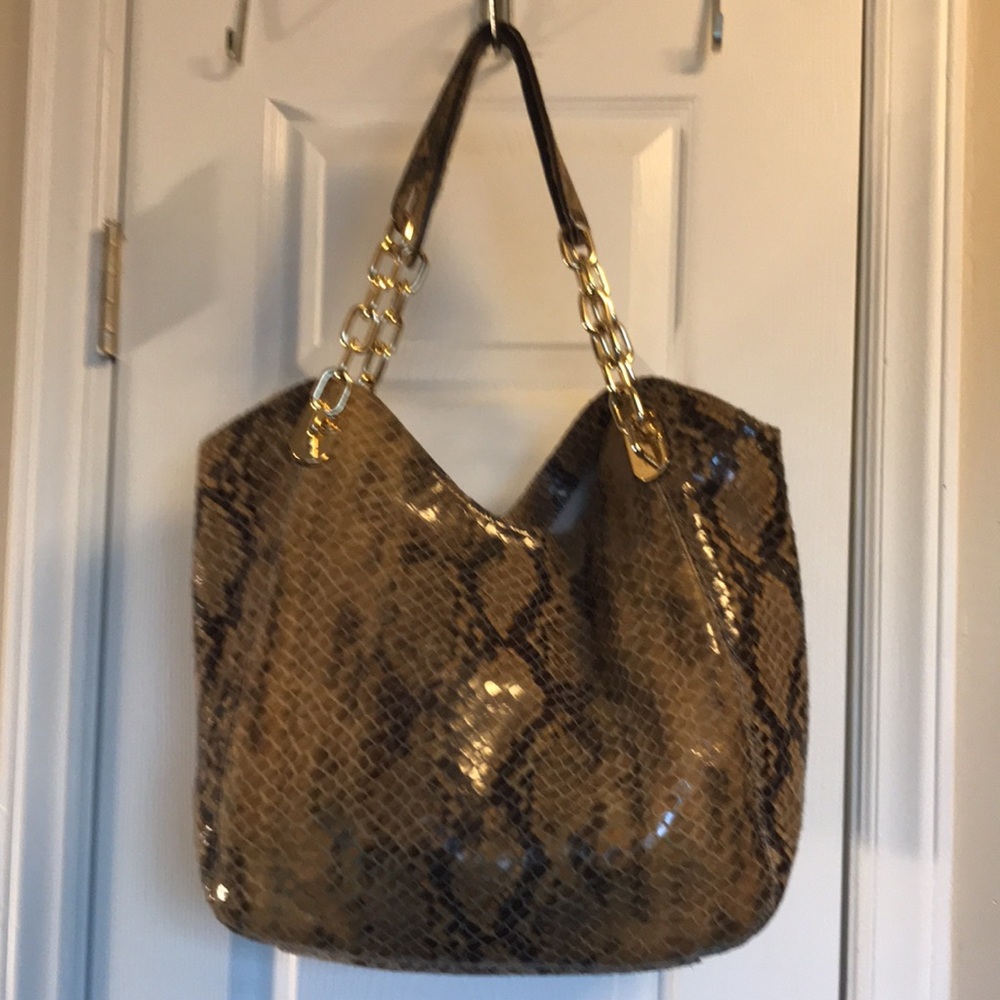 Michael Kors Brown Snake Print Leather With Heavy Gold Chain Link Tote Bag Purse - Picture 3 of 7
